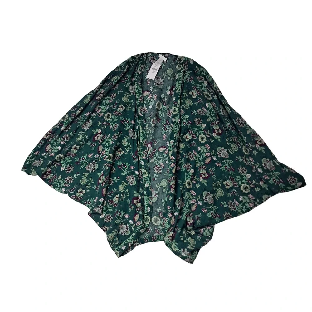 New J. Jill Kimono Wrap Womens S-L Green Emerald Floral Open Front Lightweight